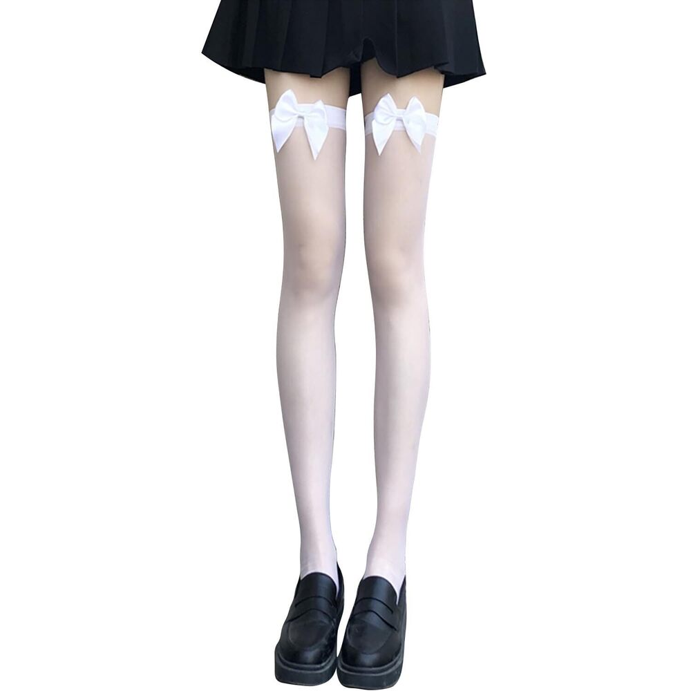 2262 Thigh High Stockings with Bow, Sheer Socks with Lace Brim Tights